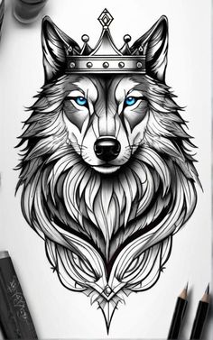 a drawing of a wolf wearing a crown on top of it's head with blue eyes