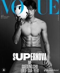 a shirtless man holding a soccer ball on the cover of an issue of voue magazine