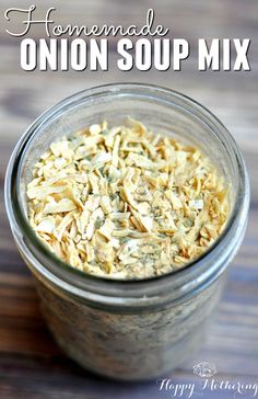 homemade onion soup mix in a glass jar on a wooden table with text overlay