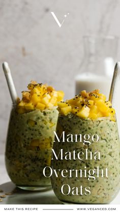 mango matcha overnight oats in two glasses