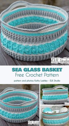 a crocheted basket is shown with the text, sea glass basket free crochet pattern