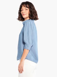 Femme Sleeve Denim Shirt | NIC+ZOE Spring Short Sleeve Chambray Denim Top, Casual Medium Wash Puff Sleeve Denim Top, Chic Short Sleeve Denim Blouse, Relaxed Fit Denim Blouse, Chic Short Sleeve Relaxed Fit Denim Top, Chic Light Wash Short Sleeve Blouse, Chic Relaxed Fit Short Sleeve Denim Top, Trendy Short Sleeve Denim Blouse, Trendy Denim Blouse With Short Sleeves