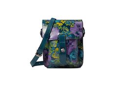 Patricia Nash Lari Crossbody - Handbags : Deep Blue Nature : Elevate your style with the leather Patricia Nash Lari Crossbody, featuring a pretty floral print, an adjustable crossbody strap, a leather flap with buckle detail adorning the front, with plenty of pockets and organizational feathers for all your necessities. Signature antique brass hardware, heavy handcrafted stitching. Adjustable leather crossbody strap. Magnetic snap closure. Interior: 1 zip pocket and 1 slip pocket. Faux suede lin Leather Floral Print Satchel Shoulder Bag, Leather Shoulder Bag With Floral Print For Travel, Travel Floral Print Leather Shoulder Bag, Leather Floral Print Shoulder Bag For Travel, Blue Nature, Crossbody Handbags, Antique Brass Hardware, Brass Hardware, Crossbody Strap