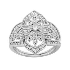 An intricate floral motif decorated with diamonds provides alluring appeal to this ring. Add a dazzling touch to your ensembles wearing this sterling silver ring. Comes in a gift box. An intricate floral motif decorated with diamonds provides alluring appeal to this ring. Add a dazzling touch to your ensembles wearing this sterling silver ring. Comes in a gift box.  Width: .84 in. Metal: rhodium-plated sterling silverDIAMOND DETAILS Total weight: 3/8 ct. Shape: round Setting: prong Color grade: Right Hand Rings For Women, Hand Rings, Silver Flower Ring, Flower Engagement Ring, Right Hand Rings, Diamond Cocktail Rings, White Jewelry, Sterling Silver Flowers, Diamond Flower