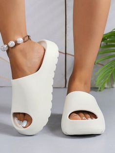 Women's Simple And Comfortable Open Toe Plastic Slippers, Lightweight Waterproof Non-Slip Thick Bottom Sandals, Suitable For Wearing In The Bathroom, Student Dormitories, Swimming Pools, And Beaches White Fashionable    Plain    Women Shoes, size features are:Bust: ,Length: ,Sleeve Length: Shein Slippers, Men Shower, Women Slides, Student Dormitory, Plastic Shoes, Clouds Design, Slides Women, Shoe Inspo, Kids Slide