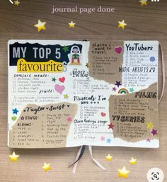 an open book with some writing on it and stars around the pages that read, my top 5 favorite