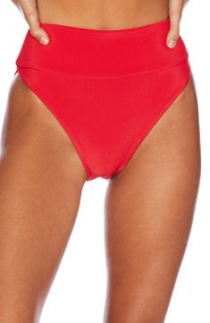 A higher waist lends a throwback vibe to bikini bottoms lightly textured and finished with cheeky back coverage. Lined Cheeky back coverage 82% polyester, 18% spandex Hand wash, dry flat Made in the USA Red Bottoms For Pool And Beach Season, Bold Fitted Bottoms For Poolside, Bold Stretch Bottoms For The Beach, Red High Waist Bottoms For Poolside, Red High-cut Leg Swimwear For Summer, Seamless Red Bottoms For Beach Season, Red Seamless Bottoms For Summer, Red Seamless Summer Bottoms, High Waist Red Swim Bottoms