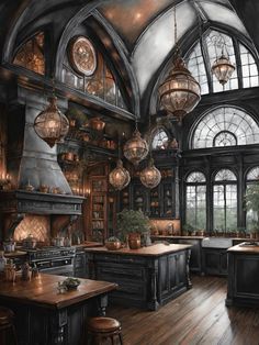 a large kitchen with wooden floors and lots of lights hanging from the ceiling above it