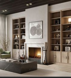 a living room filled with furniture and a fire place in the middle of a room