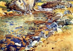 a painting of a cow drinking water from a stream with rocks and trees in the background