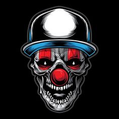 a clown skull wearing a baseball cap with red eyes and nose painted on it's face