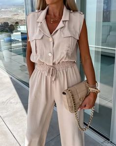 Elluis - Sleeveless Jumpsuit with Elegant Cuffed Notched Collar Sleeveless Beige Jumpsuit For Work, Beige Sleeveless Jumpsuit For Work, Work Jumpsuit, Collar Jumpsuit, Pocket Jumpsuit, Button Pants, Jumpsuit Elegant, Petite Pants, Weave Style