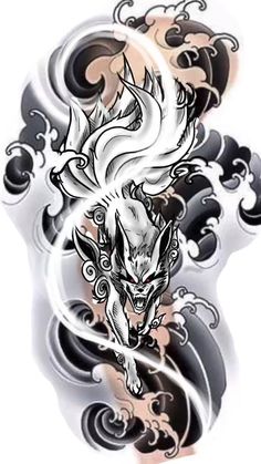 an artistic tattoo design with a wolf on it's head and clouds in the background