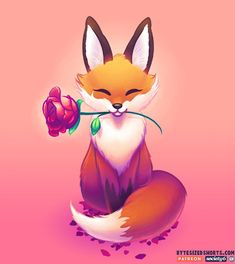 a fox with a flower in its mouth sitting on the ground next to a pink background