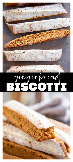 some bread is cut in half and sitting on a cutting board with the words, gingerbread biscotti