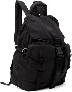 Padded recycled polyester satin backpack in black. · Fixed carry handle · Adjustable padded shoulder straps · Press-release flap pockets at face · Logo patch at face · Cinch strap at sides · Logo-bonded press-release flap · Cord-lock drawstring closure · Zip pocket at interior · Logo-engraved black hardware · H15.5 x W12.5 x D6 Supplier color: Black Functional Black Bags With Removable Padding, Functional Black Backpack With Removable Padding, Streetwear Nylon Backpack With Multiple Pockets, Functional Nylon Backpack With Detachable Strap, Functional Backpack With Detachable Strap For Outdoor, Sporty Nylon Backpack With Multiple Pockets, Functional Black Flap Backpack, Functional Nylon Flap Bags, Functional Backpack With Adjustable Strap For Streetwear