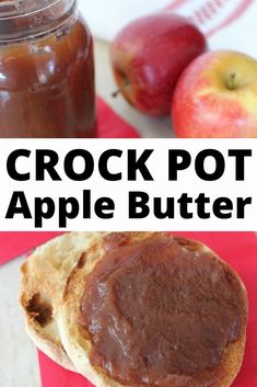 the crock pot apple butter is sitting next to an apple and some bread on a red napkin