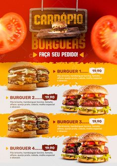 the menu for a burger restaurant is shown in red, yellow and orange colors with an image