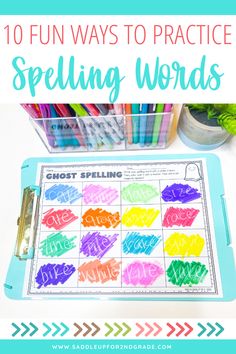 the words spelling game with markers and pencils in it on top of a table