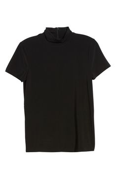 Strike a sleek and slimming silhouette in this mock-neck top with short sleeves for easy wear in any season. Mock neck Short sleeves 94% polyester, 6% elastane Machine wash, line dry Imported Point of View Black Funnel Neck Top In Elastane, Workwear Mock Neck Top In Elastane, Stretch Mock Neck Top For Work With Short Sleeves, Fitted Turtleneck T-shirt, Sleek Black Mock Neck Top, Black Stretch Mock Neck Top, Sleek Black Stretch Mock Neck Top, Fitted Black Mock Neck Top In Elastane, Sleek Black Short Sleeve Top