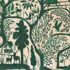 an image of a green and white wallpaper with trees, animals and birds on it