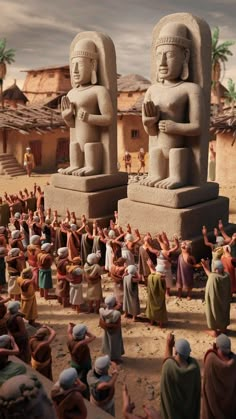 a group of people standing in front of two large statues on top of a dirt field