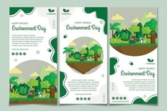 two vertical banners with trees and houses in the forest on green background for environment day