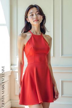 Olivia Mark - Elegant Vibrant Red Halter Neck Flare Dress Olivia Mark, Vibrant Red, Halter Neck, Elegant Dresses, Flare Dress, Red Dress, Red