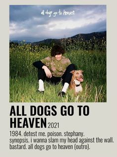 a person sitting in the grass with a dog next to them and an ad for heaven