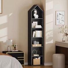 a room with a bed and a book shelf