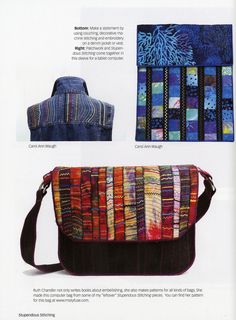 an advertisement for a bag made out of colorful fabrics and fabric strips, with pictures of different patterns on it