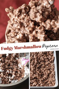 three different pictures of marshmallows in a bowl and on a plate with the words fudge marshmallow popcorn