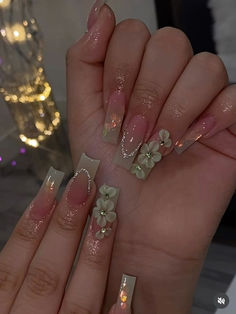 sage green nails: French tip acrylics with 3d flowers Wedding Nails With Sage Green, Sage Green Nails Medium Length, Sage Green Nails With Gems, Sage Quince Nails, Sage Green Coffin Nails, Sage Green Quince Nails, Sage Green And Pink Quinceanera Theme, Green Sage Nails, Green Quince Nails