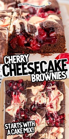 cherry cheesecake brownies with chocolate cake mix on the bottom and in the middle