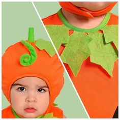 two pictures of a baby wearing an orange and green costume with leaves on it's head