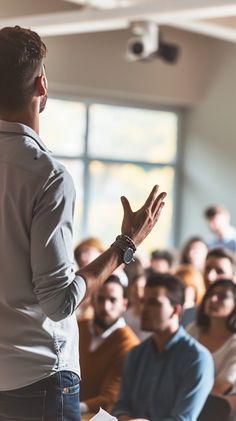 a man standing in front of an audience with his hands up to the side while giving a presentation