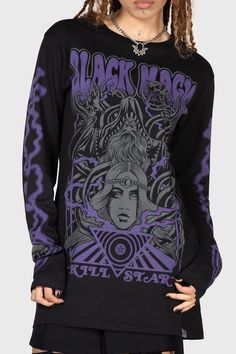 BLAC MAGICK.- Soft, stretch cotton.- Statement, custom graphics on front and sleeves.- Long sleeves.- Crew neckline.- Relaxed.With KILLSTAR branding, Fabric 1: 100% Cotton Neck trim: 93% Viscose 7% Elastane.Machine wash cold (30°c) / Do not bleach / Do not tumble dry / Iron at low temperature / Do not dry clean. Import Custom Graphics, Stretch Cotton, Long Sleeve Top, Bleach, Long Sleeve Tops, Sleeve Top, Long Sleeves, Branding, Sweatshirts Hoodie