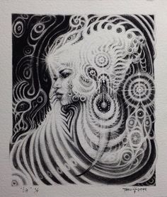 a black and white drawing of a woman's face with swirls on it