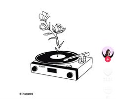 a record player with a plant growing out of it's turntable, next to an image of a woman