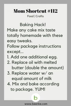 the instructions for baking cake mix