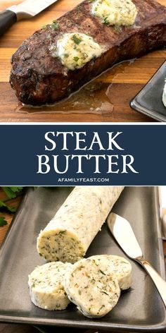 steak butter on a platter with garlic bread and parmesan cheese for garnish