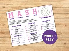 the print and play mash game is shown on a wooden table with a purple circle