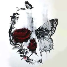 a drawing of a butterfly with roses and butterflies on it's wings, in front of a white background