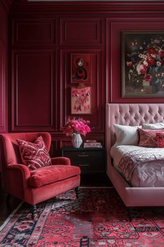 a bedroom with red walls and pink furniture