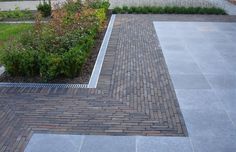 a brick walkway in the middle of a garden