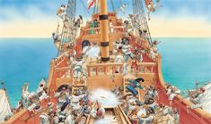 an image of a pirate ship with many men on it