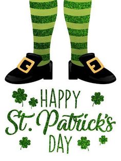 a st patrick's day poster with green socks and shamrocks on the legs