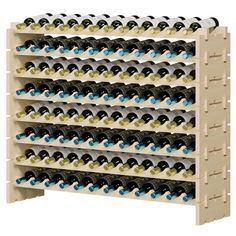 a wooden wine rack filled with lots of bottles