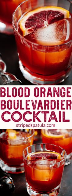 blood orange boulevarder cocktail is served in glasses with garnishes on the rim