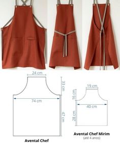 three aprons are shown with the measurements for each one, and two different styles of apron